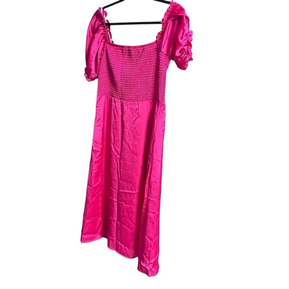 NSR Smocked Fuchsia Pink Party Dress Midi M Puff Sleeves Slit Satiny 3592 READ - Picture 2 of 13
